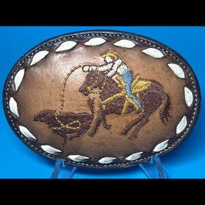 Vintage TONY LAMA Leather Cowboy Riding Roping Rodeo Stitched Belt Buckle
